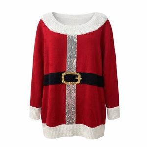 Santa Christmas Sweater Dress XL Red White Sequin Belt Ugly Sweater Party